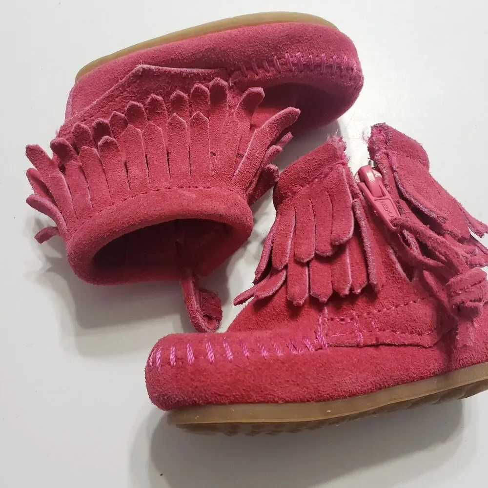 Minnetonka Girls 1 Ankle Booties Leather Pink Double Fringe Side Zip Shoes‎